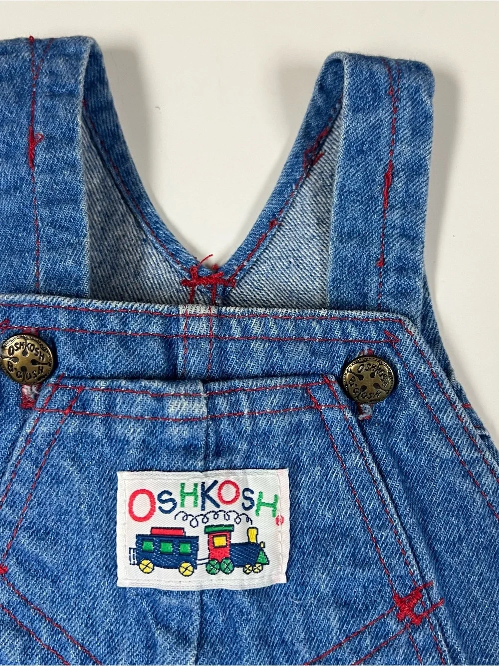Vintage OshKosh Boys Vestbak Denim Bubble Overalls Trains 18M 90’s